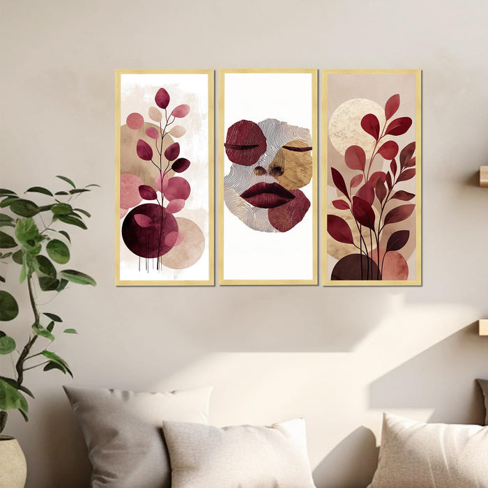 Abstract Botanical & Face Framed Wall Art Set of 3 | Modern Boho Wall Décor | Engineered Wood Frame Prints for Living Room, Bedroom & Office, 8.9x18.9 Inch