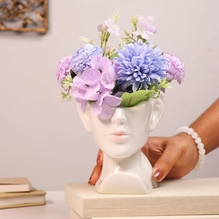 Artificial Flower with Ceramic Face Pot Vase Planter Women Head Pot with Flowers Vase Decorative Flower Vases for Home Living Room Dining Table Bedroom Office Indoor Décor 13x10x20 cm