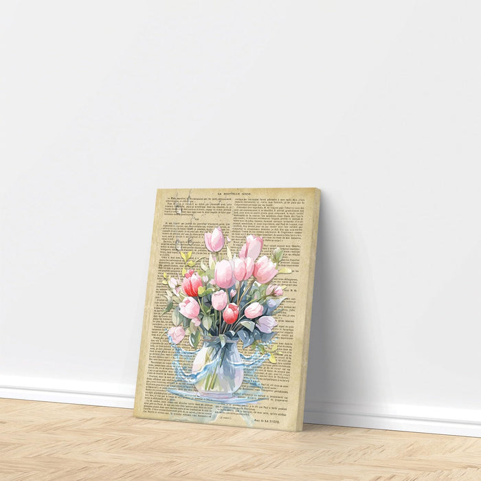 Art Street Stretched Canvas Painting Tulip Flowers Vintage Vase Dictionary Wall Art for Home Decor, Living room, Office, Hotel & Bedroom Size (12x16 inch)