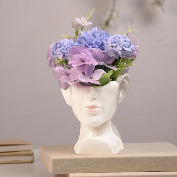 Artificial Flower with Ceramic Face Pot Vase Planter Women Head Pot with Flowers Vase Decorative Flower Vases for Home Living Room Dining Table Bedroom Office Indoor Décor 13x10x20 cm