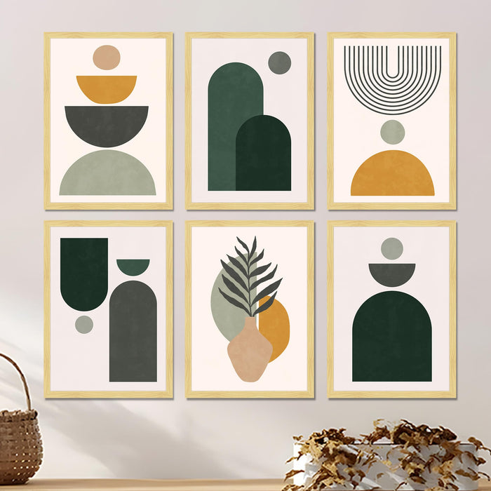 Boho Desert Framed Painting Wall Art Set of 6 | Sun, Moon, Botanical & Abstract Prints | Warm Earth Tones | Engineered wood Frame Wall Décor, (Size: A3)