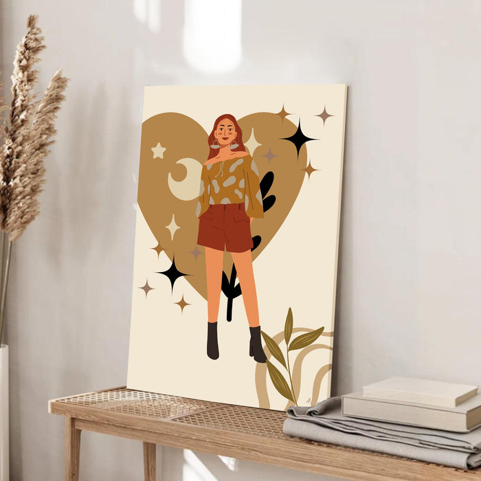Abstract Heart and Female Stretched Canvas Wall Art Modern Boho Illustration Painting for Home & Office Wall Decor, (16x22 Inch)