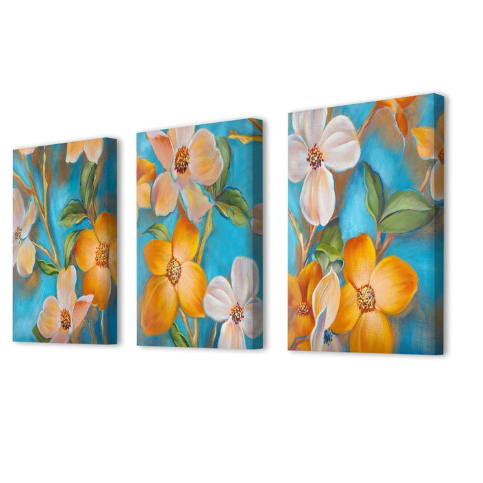 Art Street Stretched Canvas Painting Orange-White Blossom Apricot Flower For Living Room Decoration (Set of 3, Size: 16x22 Inch)