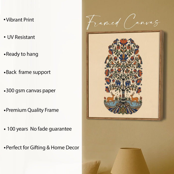 Kalamkari Tree of Life Framed Painting For Living Room | Madhubani Folk Animal Tree Large Canvas Painting With Frame Wall Art For Bedroom, Hallway's, Office, Hotel, Size 58x58 cm