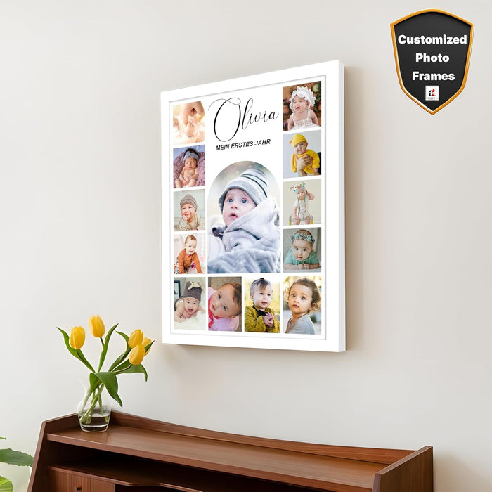 SNAP ART Personalised & Customized Baby Collage Photo Frame with Baby Name & 13 Photo Print with Framed (White, 12x16 Inch)