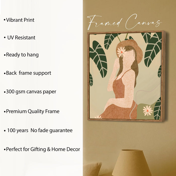 Boho Woman Botanical Framed Painting For Living Room | Tropical Woman Figurative Large Canvas Painting With Frame Wall Art For Bedroom, Hallway's, Office, Hotel, Size 58x58 cm