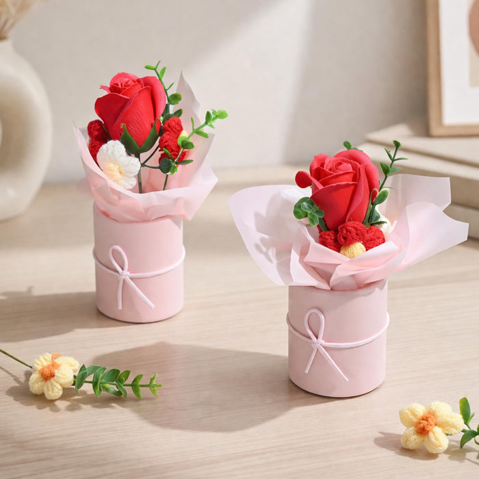 Art Street Artificial Rose & Knitted Daisy Flower Bouquet in Pink Box – Handmade Decorative Floral Arrangement for Home Décor, Office Table, & Anniversary, (Set of 2, 9x19 cm)