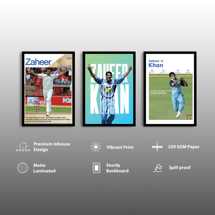 Zaheer Khan Cricket Wall Art | Legendary Indian Fast Bowler Posters | Framed Sports Wall Decor for Living Room, Bedroom, Office & Cricket Fans (13.9x17.6 Inch, Set of 3)