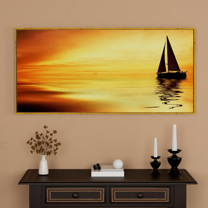 Art Street Abstract Boat in a Lake Large Canvas Painting Panel for Home Décor (Gold, 23x47 Inch)