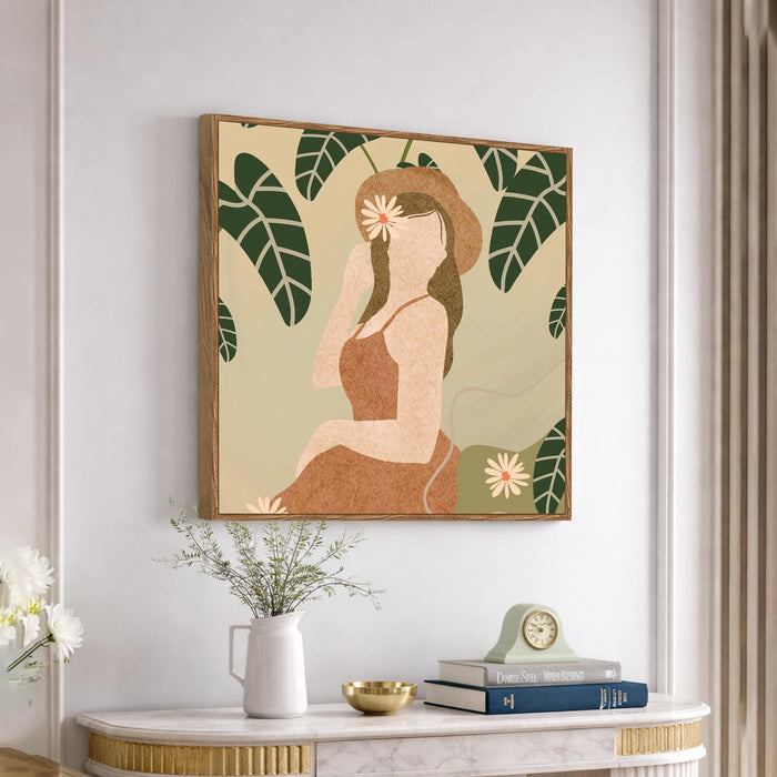 Boho Woman Botanical Framed Painting For Living Room | Tropical Woman Figurative Large Canvas Painting With Frame Wall Art For Bedroom, Hallway's, Office, Hotel, Size 58x58 cm