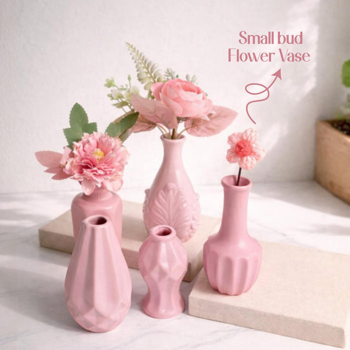 Set of 5 Pink Ceramic Decorative Vases for Home Decor | Modern Minimal Flower Vase Set for Living Room, Bedroom, Table & Gift