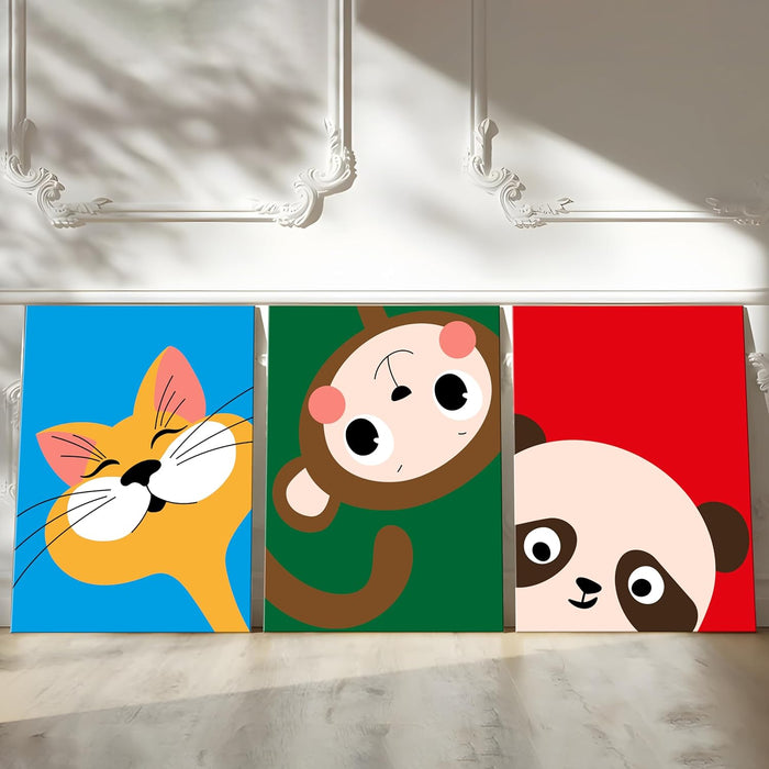 Art Street Stretched on Frame Modern Art Print Cartoon Cute Panda Animals Colorful Nursery for Kids Room Decoration, Home Decor Wall Hanging Decorative gifts (Set Of 3, 12x16 Inch)