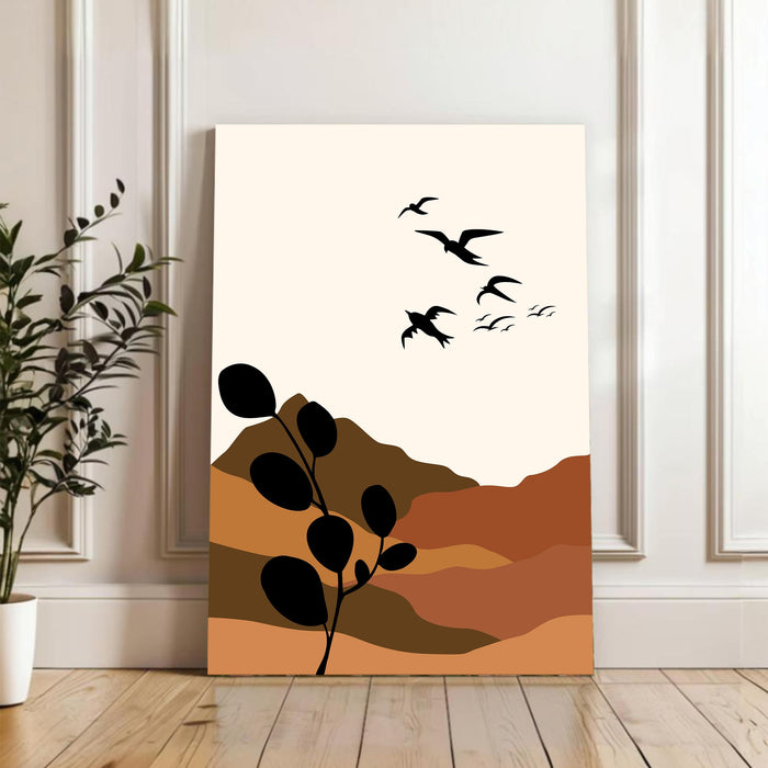 PAINTINGMANTRA Abstract Desert and birds Stretched Canvas Wall Art Modern Boho Illustration Painting for Home & Office Wall Decor, (16x22 Inch)