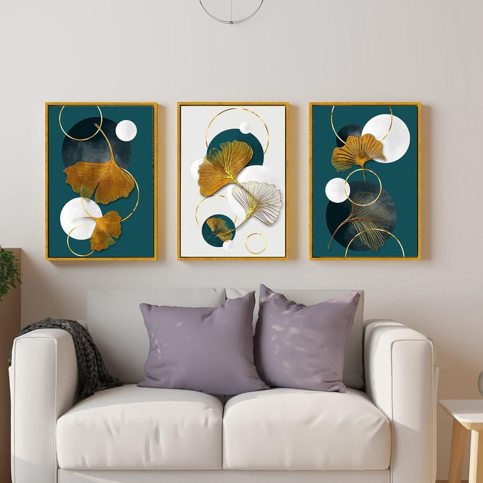 Nordic Abstract Golden Canvas Painting For Home Decor, Geometric Industrial Style Framed Art Prints (17x23 Inch, Set of 3)