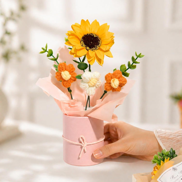 Art Street Handmade Crochet Flower Bouquet with Sunflower | Orange & White Knitted Flowers with Green Leaves, Decorative Pot with Ribbon for Home Décor, Birthday, Anniversary