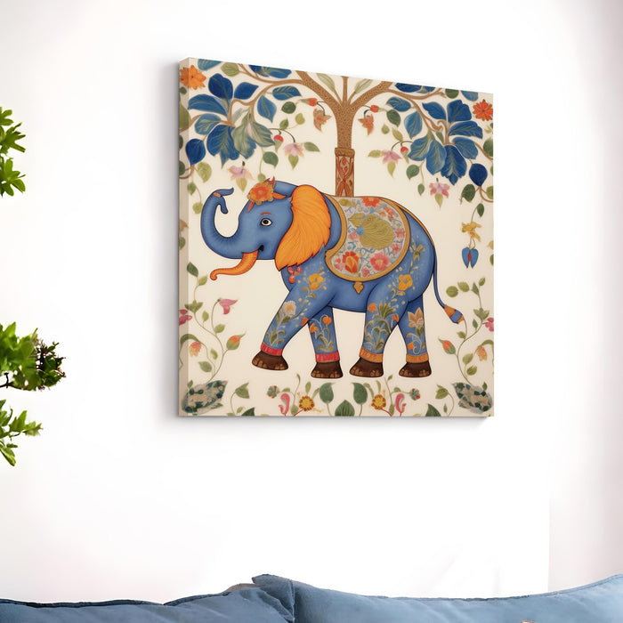 Traditional Madhubani Blue Elephant Stretched Wall Art Painting For Living Room, Indian Folk Tree of Life Stretched Canvas Painting, Ethnic Home Decor for Living Room & Office (56xx56 cm)