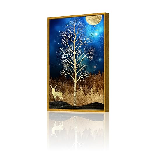 Art Street Canvas Painting Nordic Golden Deer & Tree Framed Decorative Wall Art (Size:23x35 Inch)
