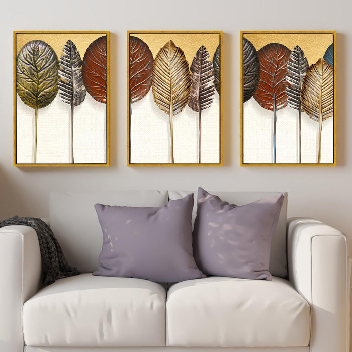 Abstract Golden Leaf Canvas Painting For Home Décor (17x23 Inch, Set Of 3)