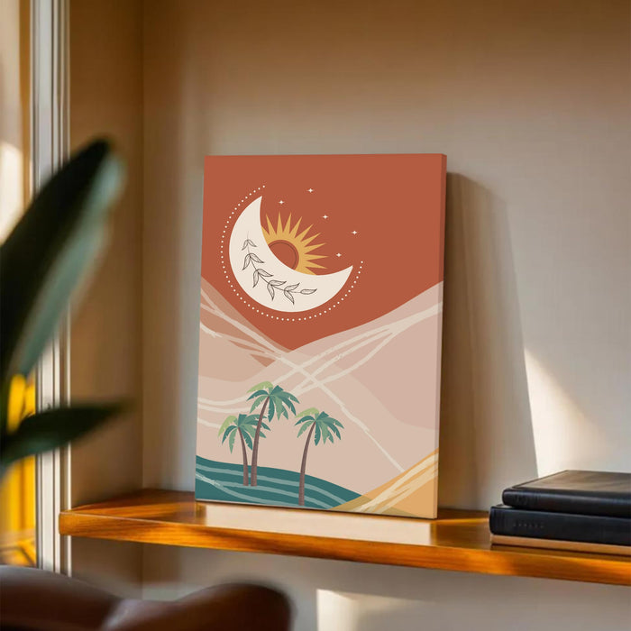 Abstract Desert Moon Stretched Canvas Wall Art Modern Boho Illustration Painting for Home & Office Wall Decor, (16x22 Inch)