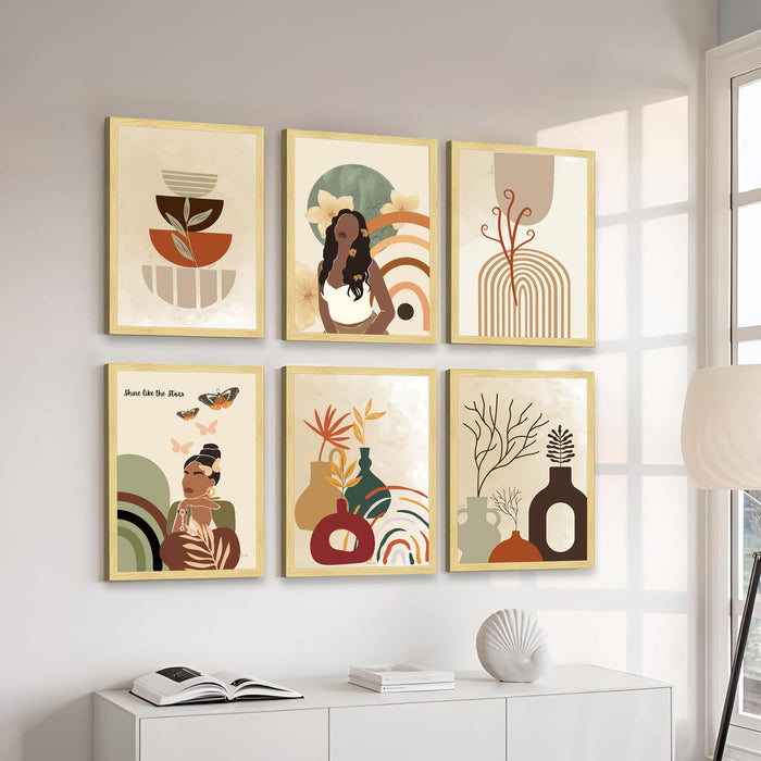 Boho Abstract Framed Painting Wall Art Set of 6 | Portrait, Botanical & Geometric Prints | Warm Neutral Tones | Engineered wood Frame Wall Décor, (Size: A3)