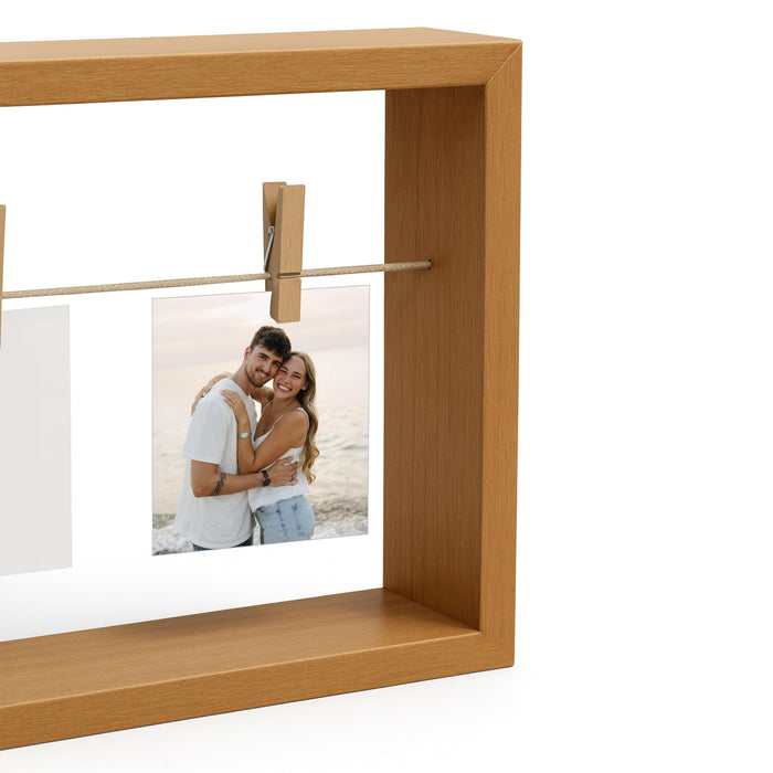 Art Street Open Box Modern Wooden Photo Frame Brown Wooden Picture Display Frame with Clips, Creative Hanging Photo Display for Desk and Shelf Decor, Picture Frames for Home Decor 17x22 cm