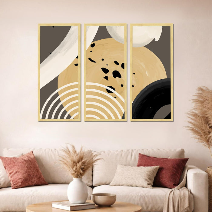 Abstract Modern Framed Wall Art Set of 3 | Contemporary Geometric Boho Wall Décor | Engineered Wood Frame Art for Living Room, Bedroom & Office, 8.9x18.9 Inch