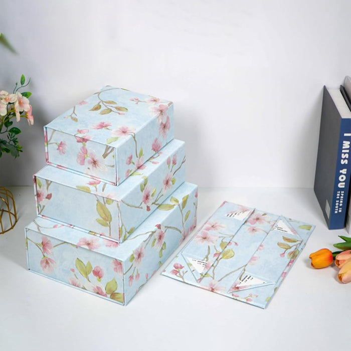 Foldable Cardboard Flowers Printed Hamper Gift Box Set of 2, Multipurpose Gift Hamper Box For Special Occasions, Wedding Gift Packaging (Blue)