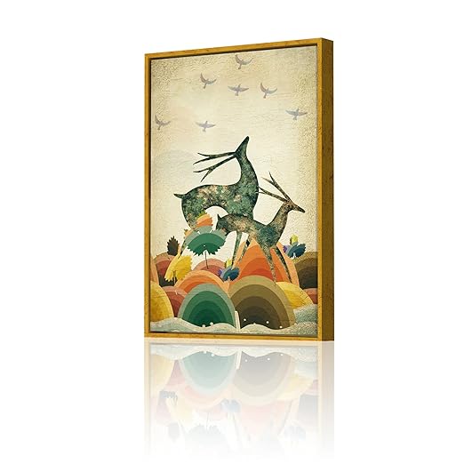 Art Street Canvas Painting Two Dancing Deer in the Forest Framed Decorative Wall Art (Size:23x35 Inch)