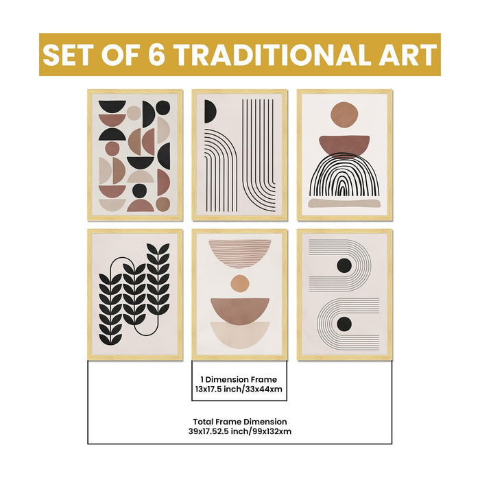 Boho Abstract Framed Painting Wall Art Set of 6 | Portrait, Botanical & Geometric Prints | Warm Neutral Tones | Engineered wood Frame Wall Décor, (Size: A3)