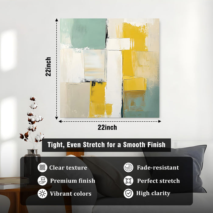 Modern Abstract Stretched Canvas Wall Art Painting For Living Room, Textured Geometric Oil Painting in Yellow, Sage Green & White, Large Gallery Wrap for Living Room & Office (56xx56 cm)