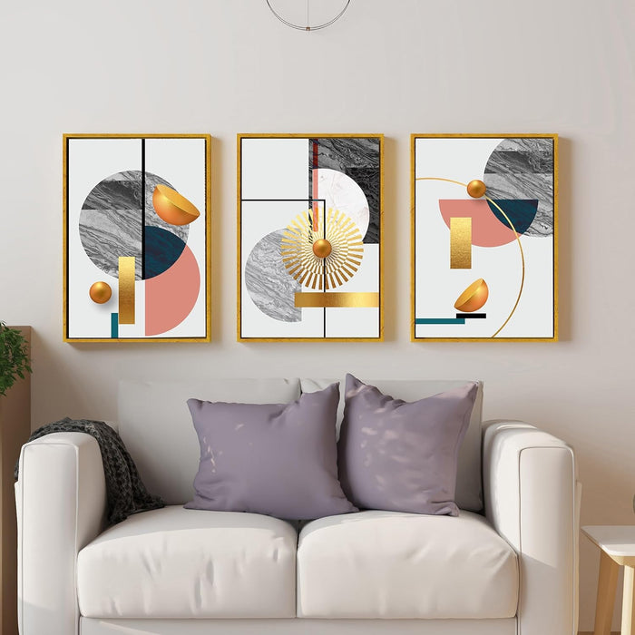 Nordic Abstract Golden Canvas Painting For Home Decor, Geometric Industrial Style Framed Art Prints (17x23 Inch, Set of 3)