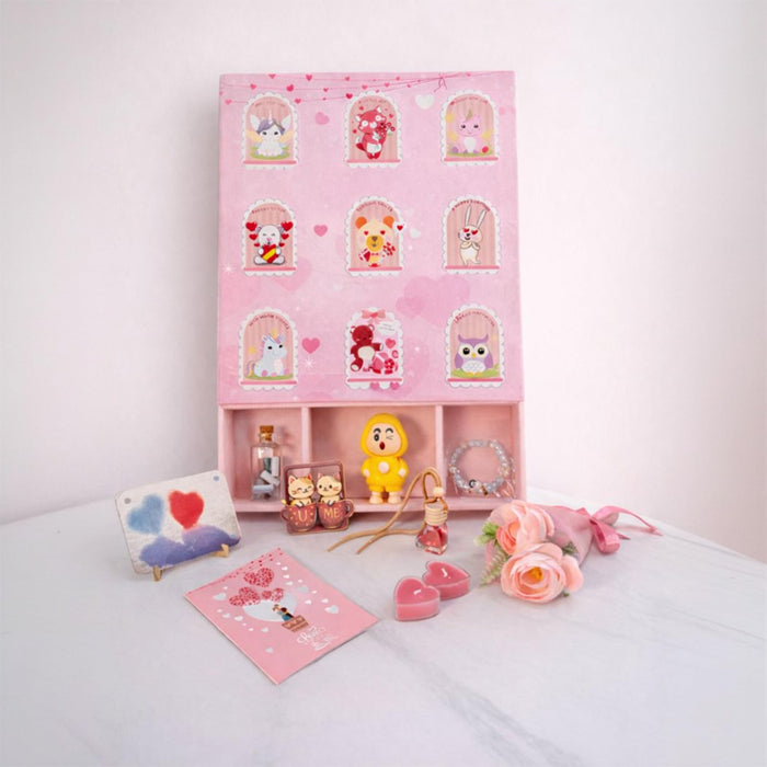 Valentine’s Day Gift Hamper for Her Him Couples Unique Valentine Gift Box Set of 9 Special Valentine Articles with Romantic Decor, Car Hanging Aroma Fragrance, Love Greeting Card