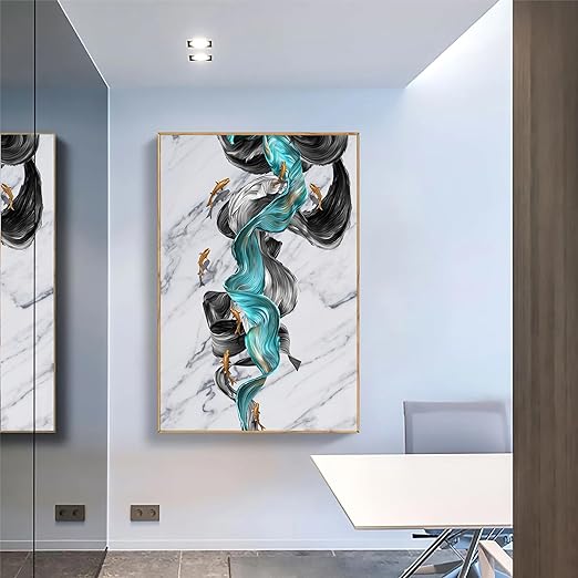 Art Street Canvas Painting Fish Swim in the marble Green & Black ribbon Framed Decorative Wall Art For Living Room (Size:23x35 Inch)