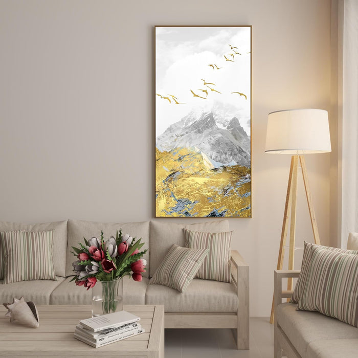 Art Street Abstract Golden Mountain Birds Large Canvas Painting Panel for Home Décor (Gold, 47x23 Inch)