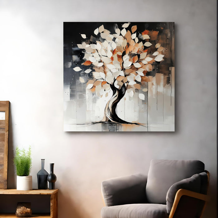 Abstract Tree of Life Stretched Canvas Wall Art Painting For Living Room, Minimalist Neutral Tones Wishing Tree Painting, Modern Botanical for Living Room, Bedroom & Office (56xx56 cm)
