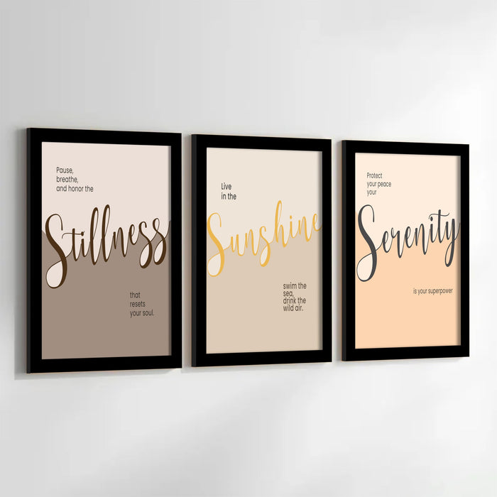 Calming Quote Wall Art Set of 3 Framed Prints | Stillness Sunshine Serenity Wall Décor for Living Room, Bedroom & Office, 23x32 cm