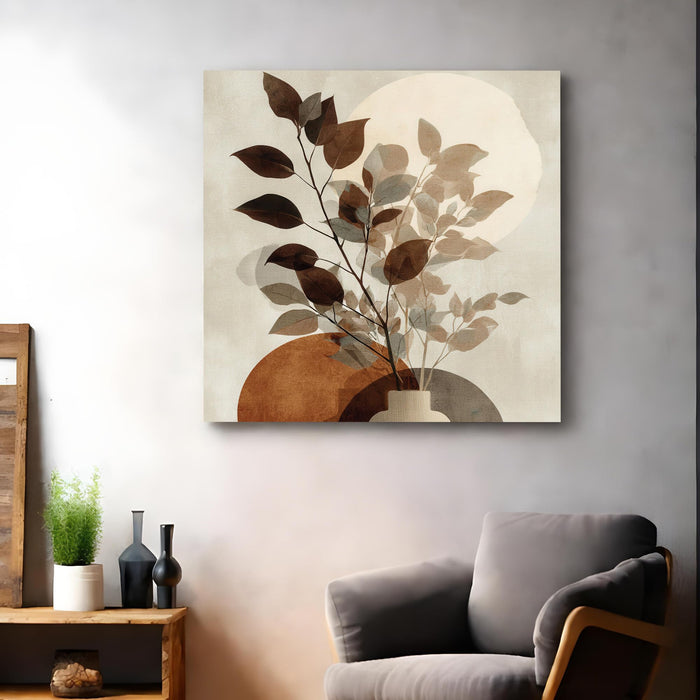Abstract Botanical Leaf Stretched Canvas Wall Art Painting For Living Room, Modern Minimalist Earth Tone Painting, Boho Japandi Home Decor for Living Room, Bedroom & Office (56xx56 cm)