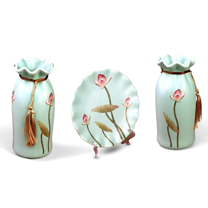 Flower Pinted Ceramic Vases and Decorative Plate Combo for Décor (Sky Blue, 4.5x9 Inch and 8x8 Inch)