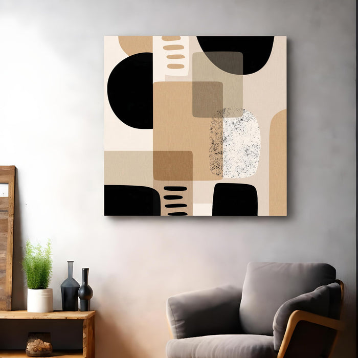 Mid-Century Modern Geometric Wall Art Painting For Living Room, Minimalist Abstract Shapes Stretched Canvas Painting, Black & Brown, Contemporary Boho Decor for Living Room & Office (56xx56 cm)
