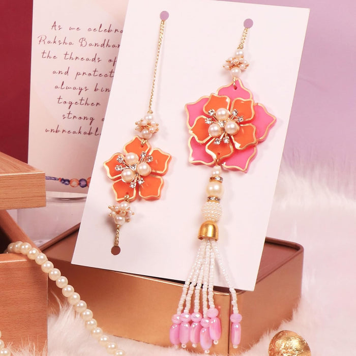 Rakhi Set for Brother and Bhabhi Premium Pink Flowers Design Rakhi with Roli and Chawal for Raksha Bandhan (Combo Of Two Rakhi)