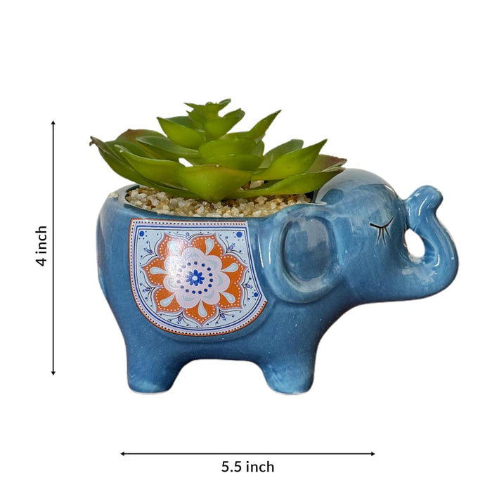 Ceramic Potted Vase New Elephant Shape Pot for Table Top, Dining Table (Blue, Size: 5.5x4 Inch)