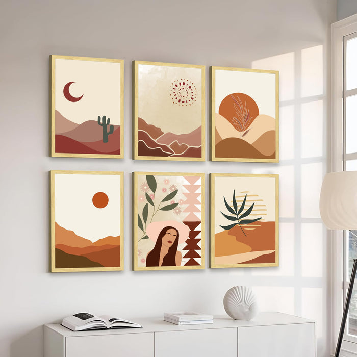 Boho Desert Framed Painting Wall Art Set of 6 | Sun, Moon, Botanical & Abstract Prints | Warm Earth Tones | Engineered wood Frame Wall Décor, (Size: A3)