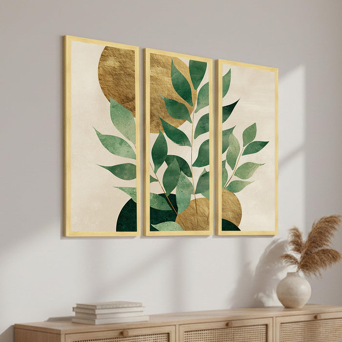Botanical Leaf Framed Wall Art Set of 3 | Modern Nature-Inspired Boho Wall Décor | Engineered Wood Frame Art for Living Room, Bedroom & Office, 8.9x18.9 Inch