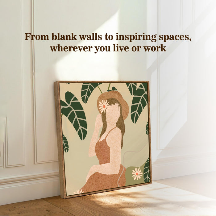 Boho Woman Botanical Framed Painting For Living Room | Tropical Woman Figurative Large Canvas Painting With Frame Wall Art For Bedroom, Hallway's, Office, Hotel, Size 58x58 cm