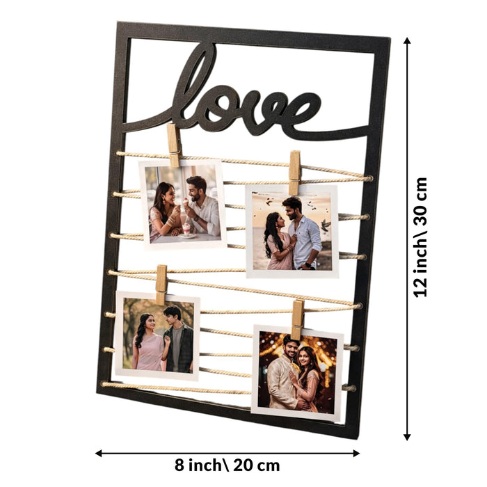 Art Street Love Themed String Photo Frame with Clips, Vertical Wooden Photo Display with Jute Rope 4 Pictures Valentine’s Day Gift Anniversary, Wedding Gift for Couple, Black MDF, 20x30 cm