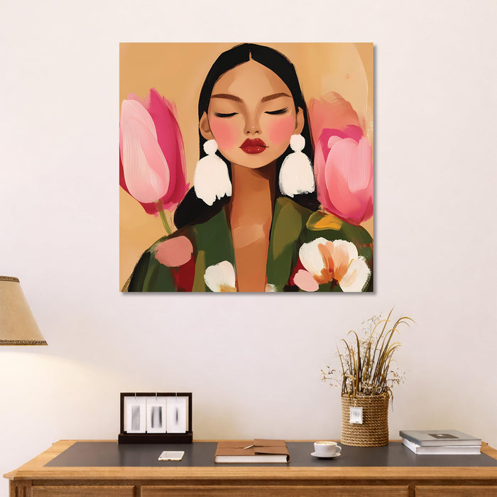 Boho & Chic Modern Woman Wall Art Painting For Living, Minimalist Floral Wall Art Stretched Canvas Painting with Large Tassel Earrings, Abstract Wall Art for Living Room & Offices (56xx56 cm)