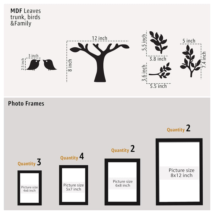 Family Tree Wall Photo Frame Set Pack of 11 with 9 MDF Cutouts for Home Decoration Wall Photo Frame Collage for Living Room Bedroom