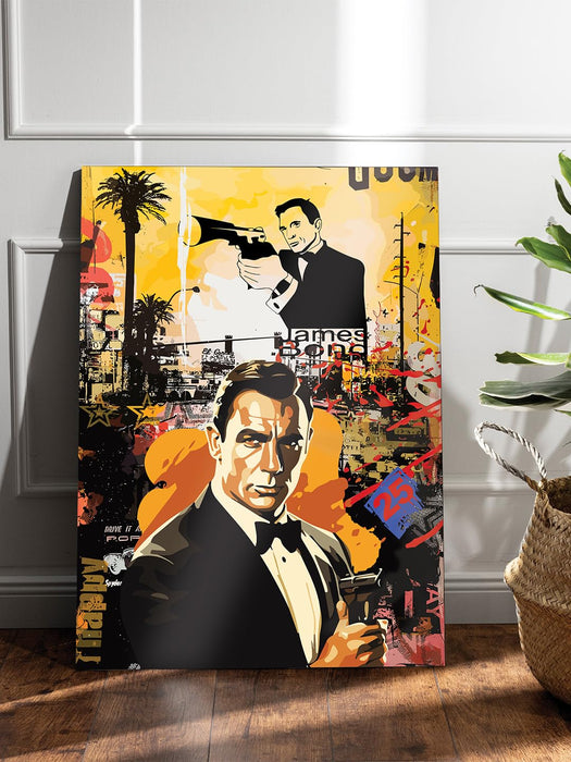 Art Street Stretched Canvas Painting James Bond 007 Pop Graffiti Art For Living Room, Decorative Home & Wall Décor Abstract Art (Size: 16x22 Inch)
