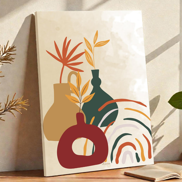 Abstract Vase and Plats Stretched Canvas Wall Art Modern Boho Illustration Painting for Home & Office Wall Decor, (16x22 Inch)