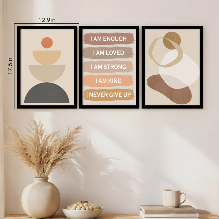 PAINTINGMANTRA Self Motivational Boho A3 Framed Posters for Living Room with Frame, I AM ENOUGH Bohemian Quotes Wall Poster for Home Decor Bedroom Hallways Office Hotel Set of 3, Size 33x45 cm